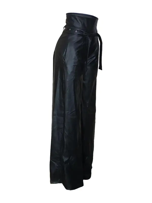 Women's Solid Belted Pocket PU Leather Pants, Street Fashion Zipper Fly High Waist Trousers for Daily Wear, Ladies Bottoms for Fall & Winter 4