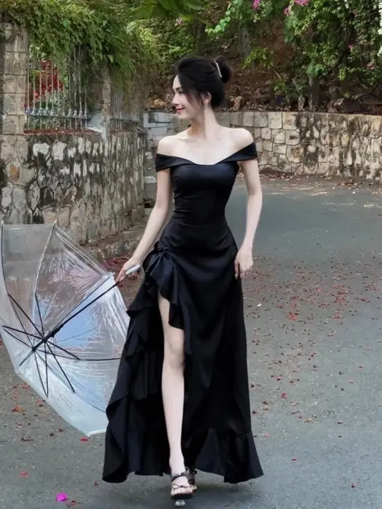 Đầm 2 Dây Bigsize Bảng To Cổ Vuông Xẻ Tà 2 Lớp Dúp Cho Nàng Từ 60-90Kg Nữ Women Dress Đen Kem Voi Nhung Voan đen  hoa váy thường mặc