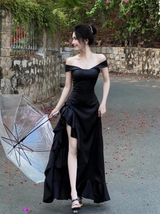 Đầm 2 Dây Bigsize Bảng To Cổ Vuông Xẻ Tà 2 Lớp Dúp Cho Nàng Từ 60-90Kg Nữ Women Dress Đen Kem Voi Nhung Voan đen hoa váy thường mặc