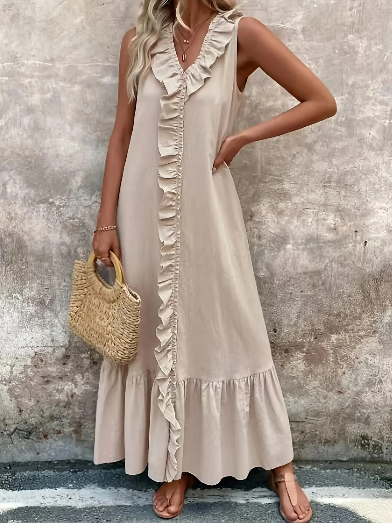 Women's Plain Ruffle Trim Dress, Elegant Fashion Casual Dress for Daily Outdoor Wear, Women Dress for Summer