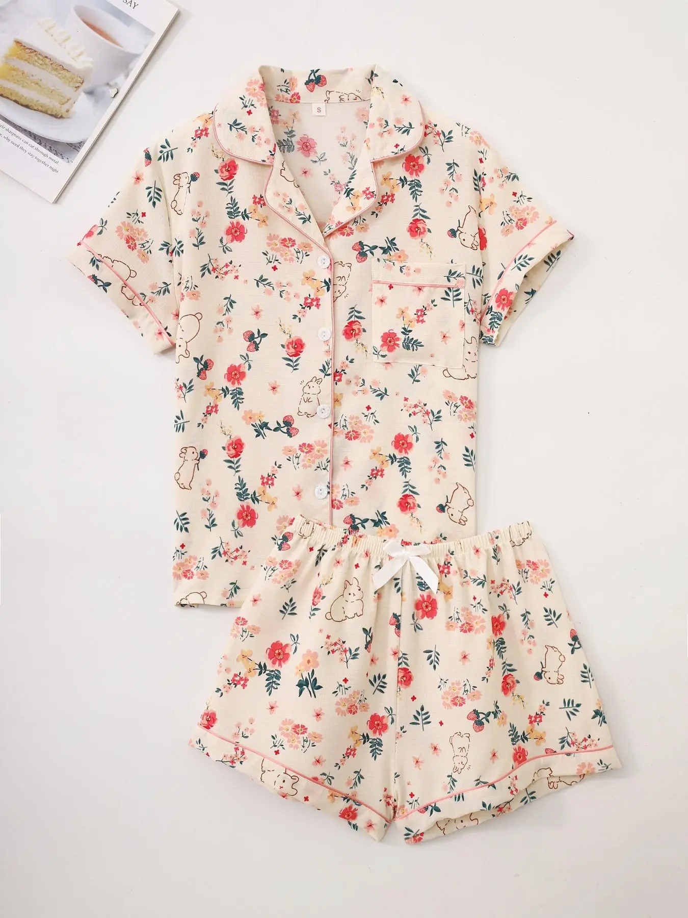 Women's Floral & Rabbit Print Shirt & Shorts Pyjama Two-Piece Set, Casual Comfy Short Sleeve Collared Top & Shorts PJ Set, Ladies Summer Sleepwear, Loungewear