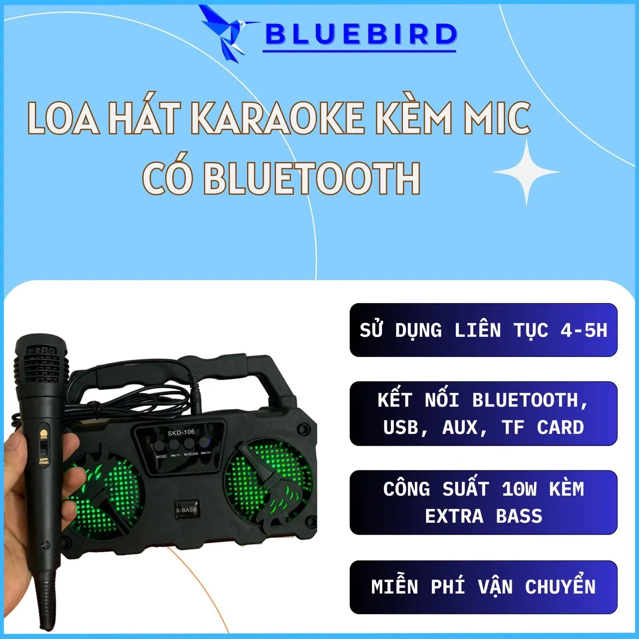 Loa Hát Karaoke SKD-106 Kèm Mic, Kết Nối Bluetooth Tiện Lợi, Nghe Nhạc Hay Củ Loa Kem