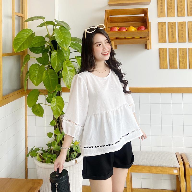  Áo baby doll xốp tay lửng viền ren cổ tròn Mypstore 