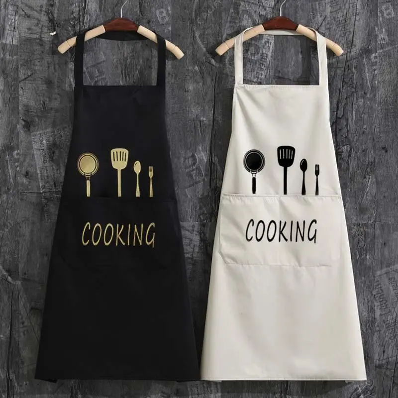 Letter & Cookware Pattern Apron, 1 Count Waterproof & Oil-proof Apron with Pocket, Kitchen Cooking Apron for Men & Women, Home Kitchen Supplies, Household Items