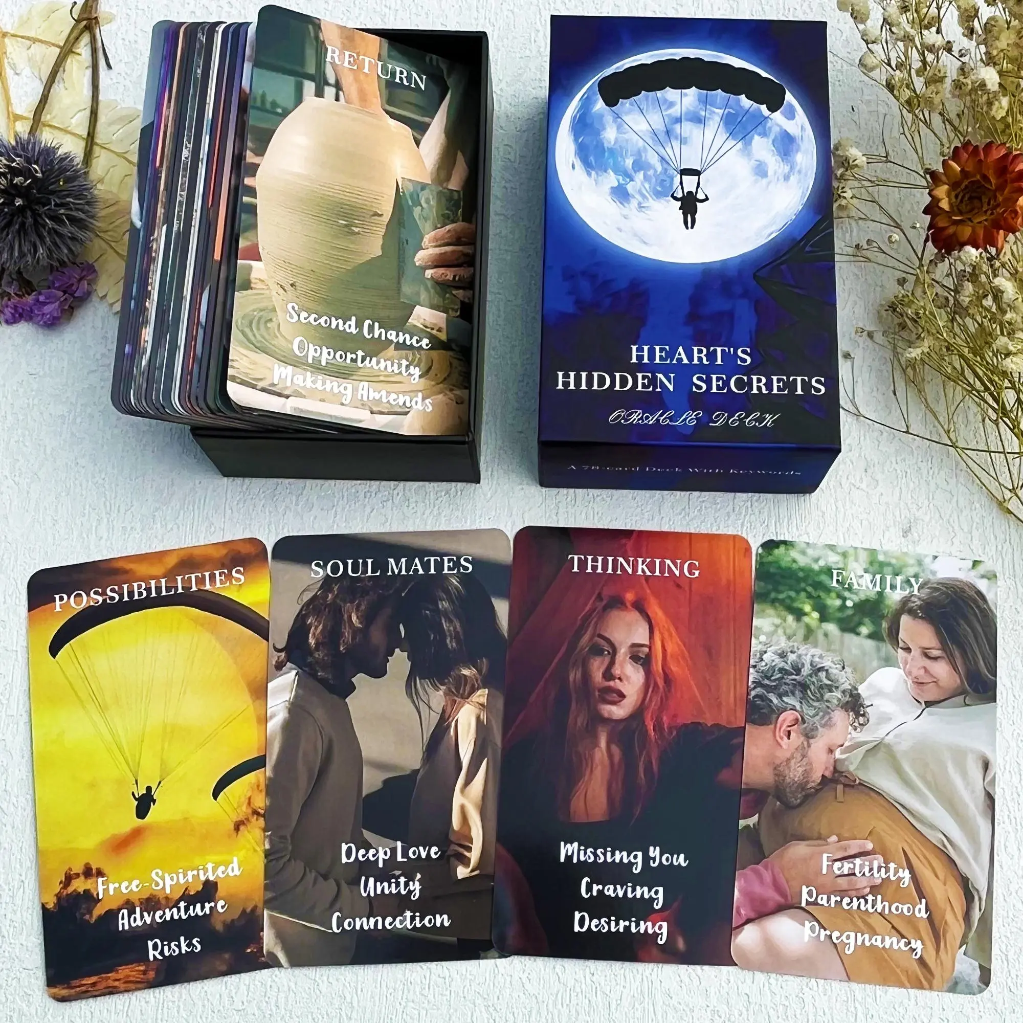 Twin Flame Love Oracle Cards (1 Box), Hearts Hidden Secrets Tarot Cards, Mysterious Board Game Suitable for Multiple People