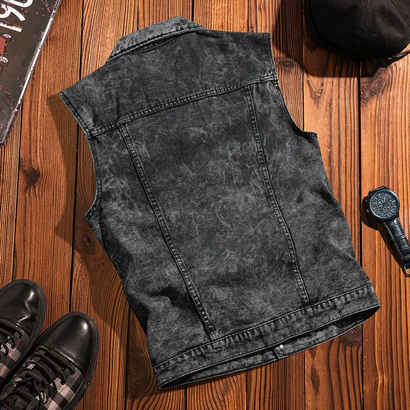 Quần áo bảo hộ lao động retro phong cách Hồng Kông, áo vest denim nam, thanh thiếu niên, rộng rãi, giản dị, đường phố, Thương Hiệu Thời Trang , áo ba lỗ không tay, áo khoác 1
