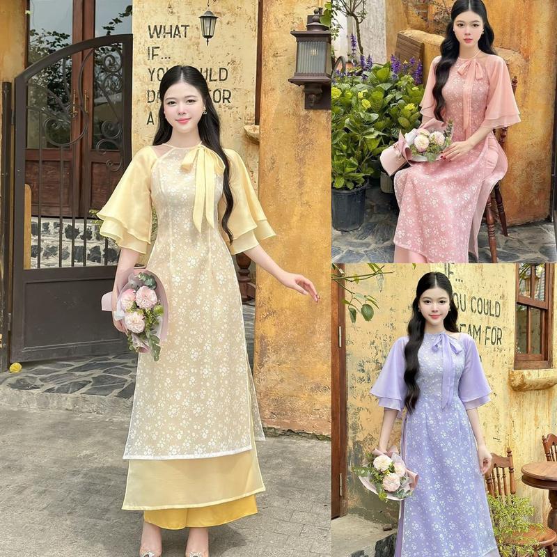 Áo Dài Cách Tân Nữ Cho Mùa Hè Cổ Yếm Tơ Hoa Nhí Tay Bèo AH106