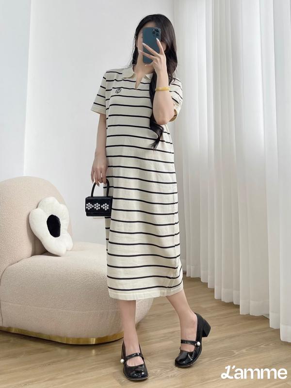 [L'AMME] Váy len suông váy len bầu VL KẺ Lamme freesize chất liệu montogi sợi dệt co giãn tốt, mềm mại, thông thoáng, thiết kể trẻ trung, thanh lịch phù hợp mặc đi chơi, dạo phố, đi làm