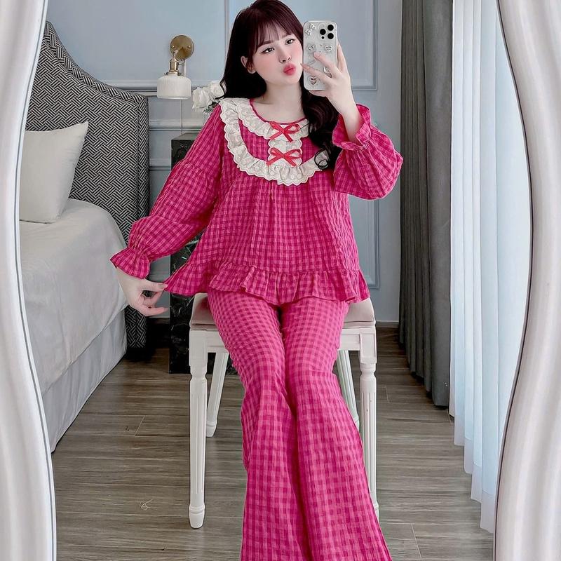 Bộ đồ Mặc nhà Kẻ caro Ren bèo 2 lớp Chất Đũi Thô tiểu thư cho Nữ DD65 Sammy - Quần Ngủ Nữ - Women 3