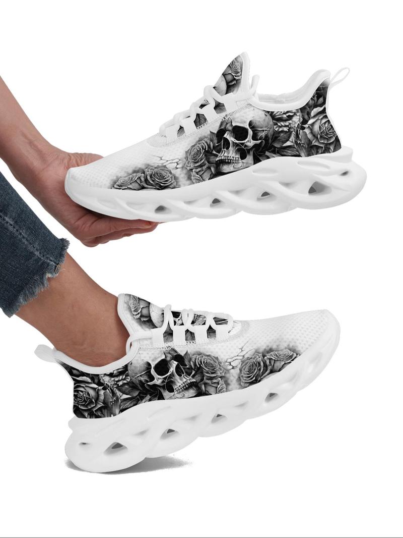 Product Introduction of Women's Trainers, Fashionable Skull & Floral Print Lace Up Low Top Sneakers, Casual Comfortable Blade Soles Sports Shoes, All-match Round Toe Chunky Sneakers for Daily 12