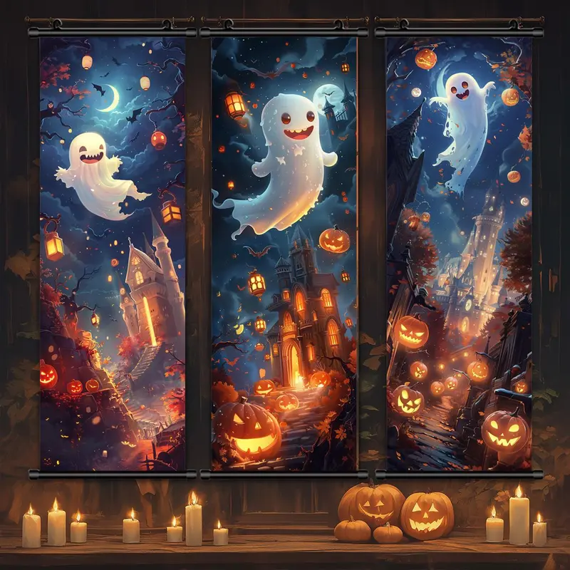 Halloween Hanging Banner, 3 Counts/set Cartoon Ghost Pattern Wall Art with Gift Box, Cute & Funny Ghost Poster, Halloween Decoration, Halloween Gift 4
