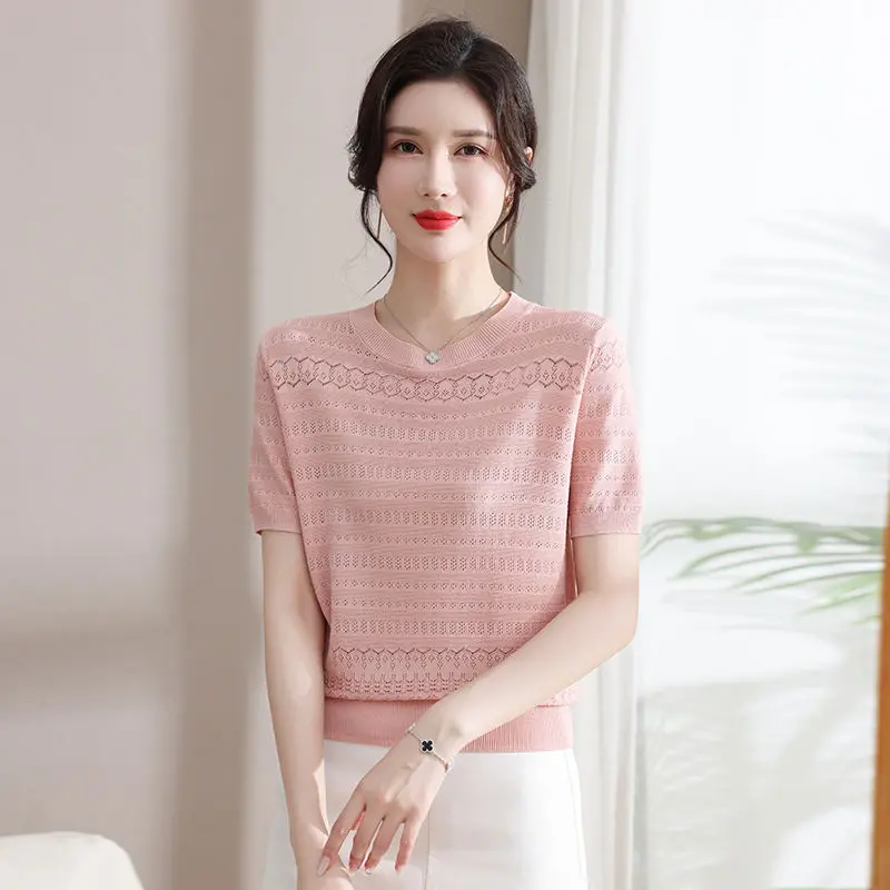 Áo Thun ngắn Tay Dệt Kim Lụa Lạnh Khoét Lỗ Mỏng, Dành Cho Nữ, Hàng Mới Về Mùa Hè 2024, Áo Ngắn Nhỏ Phong Cách Phương Tây Áo Sơ Mi Nhỏ