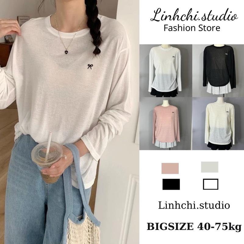 Áo phông (mã 940) giấy thêu nơ dài tay form rộng basic thoáng mát_LINHCHI.STUDIO Nữ Top