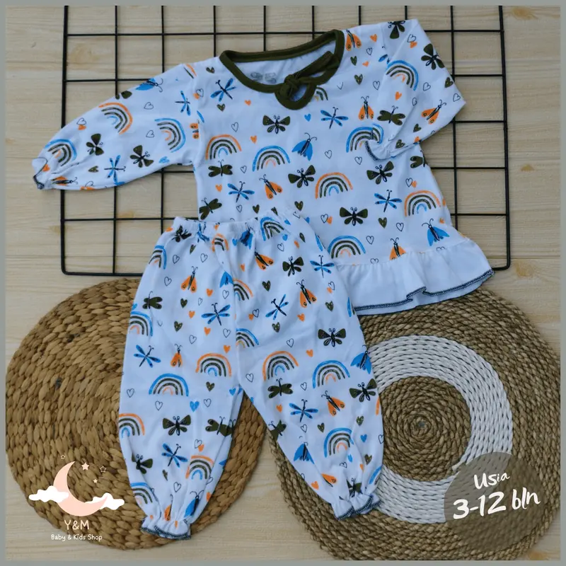 Y&M BABY - Baju Celana Setelan Piyama Bayi Perempuan Kancing Depan Usia 3-12 Bulan Motif Butterfly Karatkter Lucu Baju Tidur Bayi Cewe 6-12 Bulan 3