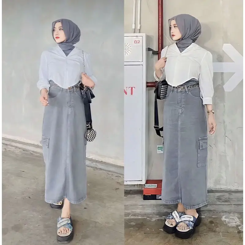 Artary Highwaist Rok Jeans Wanita Cargo Skirt Korean Style Denim