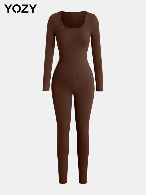 YOZY Waist-hugging Jumpsuit, Casual Minimalist Breathable Slim Long Sleeve Square Neck Bodycon Jumpsuit, 2024 Women's Daily Wear for Spring & Autumn 4