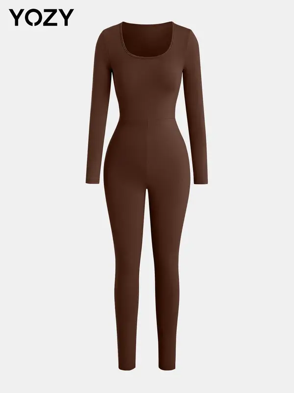 YOZY Waist-hugging Jumpsuit, Casual Minimalist Breathable Slim Long Sleeve Square Neck Bodycon Jumpsuit, 2024 Women's Daily Wear for Spring & Autumn 4