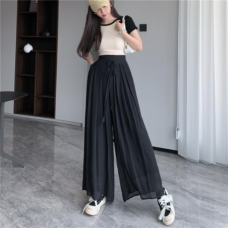 Quần ống rộng nữ vải đũi tơ mềm mướt ullazang cạp chun sau buộc dây sang trọng. Pants Voan 5