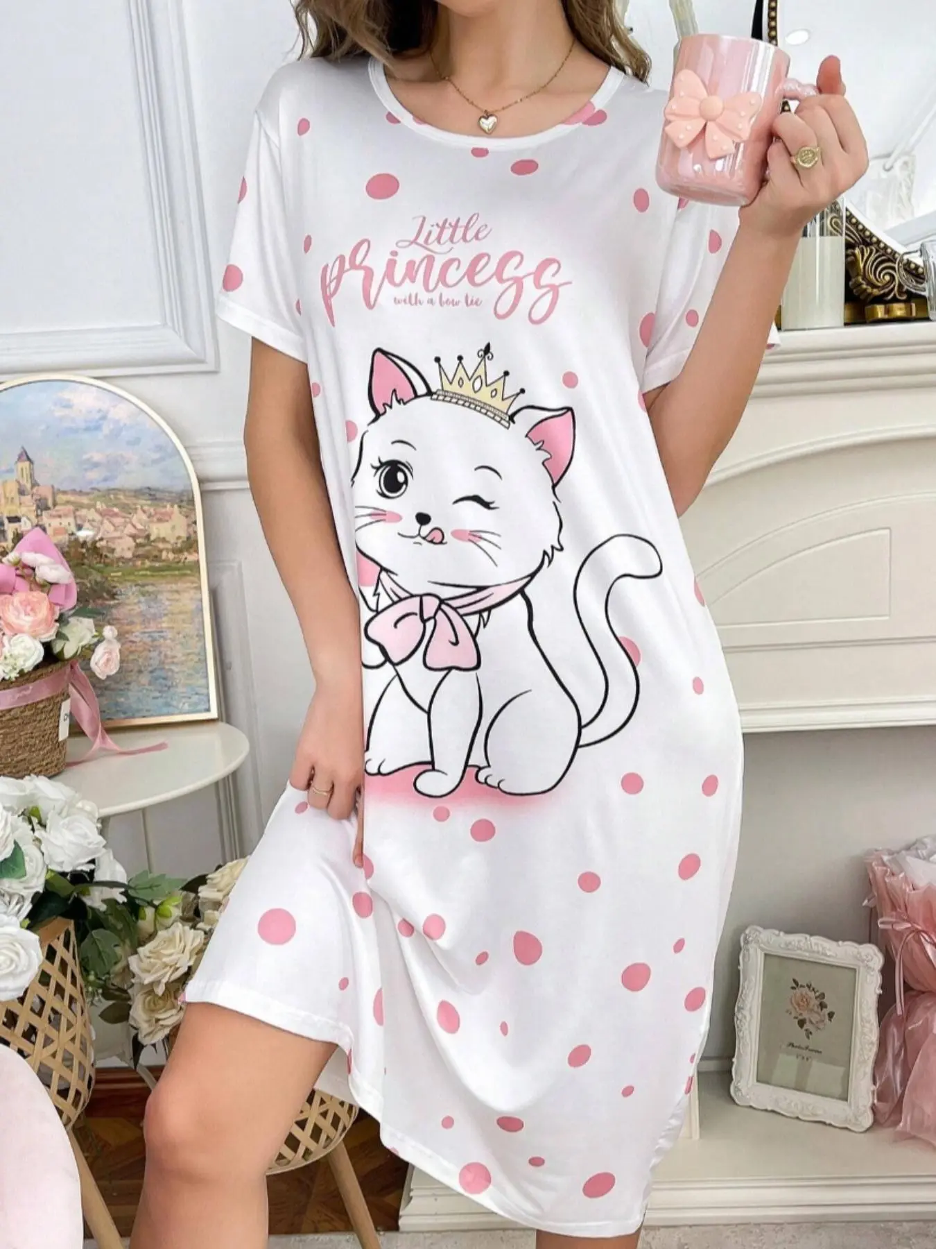 Women's Cartoon Cat Print Cami Nightdress, Cute Casual Soft Comfortable Spaghetti Strap Nightgown for Daily Home Wear, Ladies Sleepwear for All Seasons