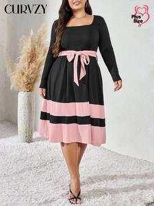 CURVZY Plus Size Colorblock Textured Belted Ruffle Hem A Line Dress, Elegant Square Neck Long Sleeve Dress for Party Holiday Wedding Guest, Women's Clothes for Fall & Winter