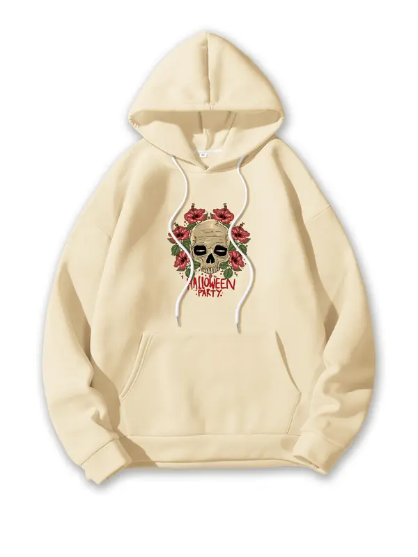 Men's Skull & Floral Print Drop Shoulder Thermal Lined Hoodie, Fashion Casual Drawstring Pocket Hooded Sweatshirt for Daily Holiday Outdoor Wear, Men Clothes for Fall & Winter 4