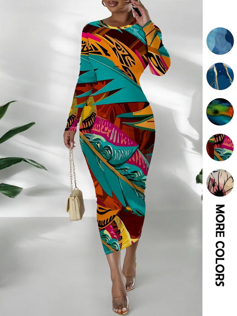 Product Introduction of Women's Colorblock Print Round Neck Bodycon Dress, Fashion Casual Long Dress for Daily Outdoor Wear, Women Dress for Spring Fall 4