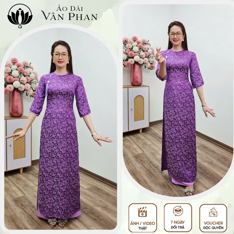 Áo dài cổ khít tay loe gấm thanh liễu tím viền tím cà đính cúc - A2841 (Thương hiệu: áo dài Vân Phan) 1