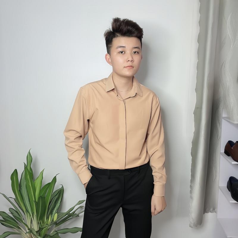 Áo Sơ Mi Lụa Che Cúc Màu Be Menswear Nam Shirt