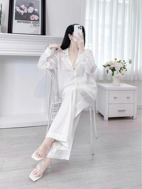 SÉT Áo Nữ Sơ Mi, Quần Ống Rộng Vải Đũi Trắng - Đen. Bộ Đũi Đi Chơi Cực Sang - Chất Vải Đũi Mặc Vừa Nhẹ Vừa Mát