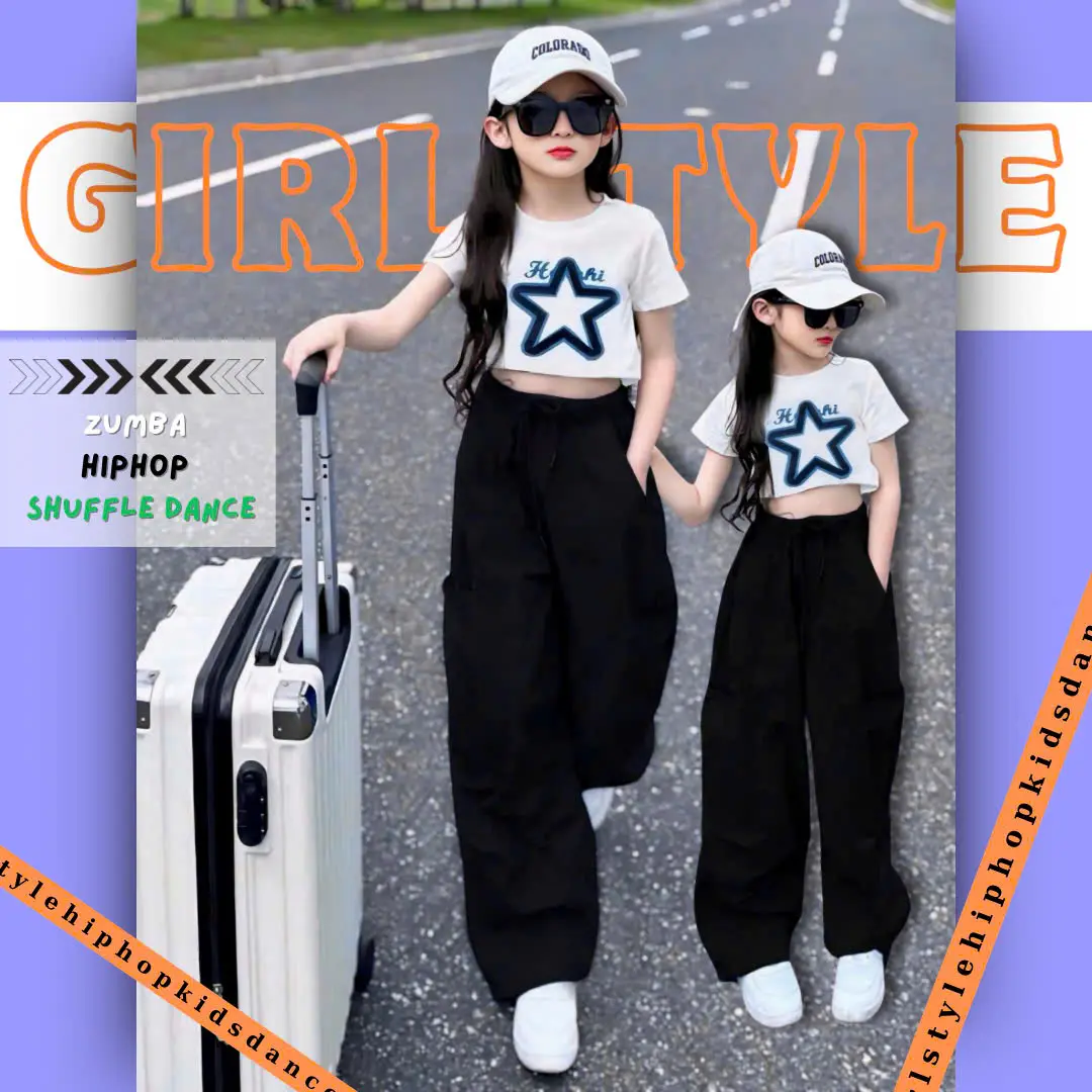 Bộ nhảy hiện đại cho bé gái, áo croptop thun cotton, quần kaki ống rộng có dây rút ống cá tính