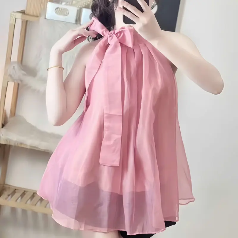Áo kiểu nữ cổ yếm cột nơ DOLARO, áo voan kiếng 2 lớp sát nách cột nơ mặc được hai kiểu kèm hình thật Kem Jean 1