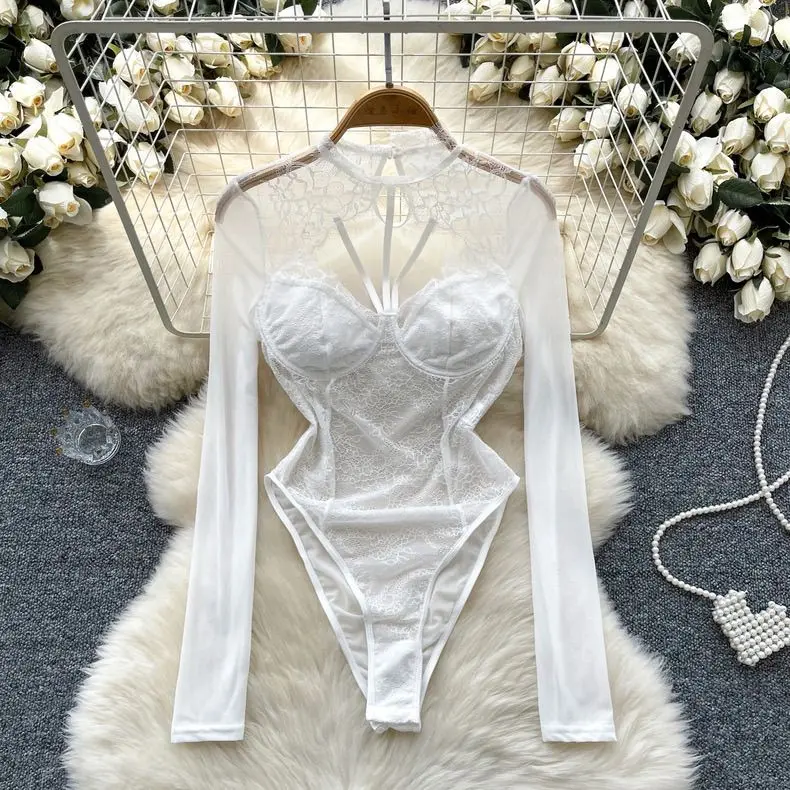 Áo Jumpsuit Quần ngắn, Ngoại Cỡ, Dễ Thương Và Gợi Cảm, Dài Tay, Đường Khoe Ren Gợi Cảm, Thiết Kế Bó Sát Phù Hợp Với Mùa Thu / Đông, Cơ Sở Mỏng Vừa Vặn, Chi Tiết Cao Cấp