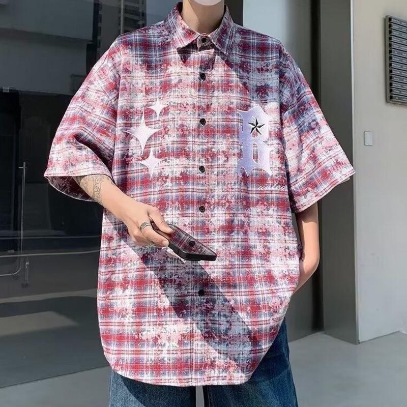 Men's Shirt Casual Plaid Fashion Loose Couple Short Sleeve Shirt Men's Shirt[S37] 1