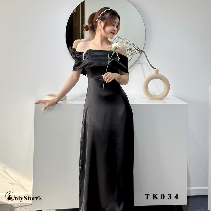 TK034 Đầm nữ lụa trể vai dáng xòe kèm ngọc trai 5