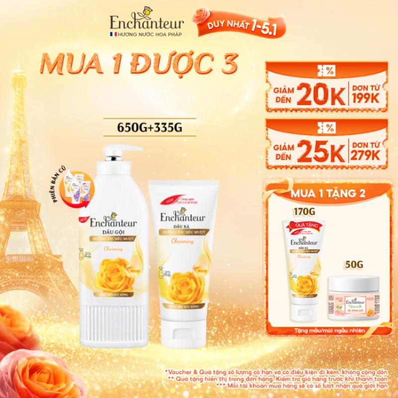   DUY NHẤT 1-5.1 Combo Dầu Gội Enchanteur 650g Thơm Hương Nước Hoa với Keratin Dầu Hạnh Nhân B5 x2 Phục Hồi Hư Tổn và Óng Ả Không gàu bết ngứavà Dầu Xả Chăm Sóc Tóc Enchanteur Kera-B5 Charming Dưỡng Tóc Siêu Mượt Và Phục Hồi 335g 