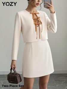 YOZY Women's Solid Color Long Sleeve Coat & Tie Front Dress Two-piece Set, Casual Fashion Cozy Two-piece Outfits for Daily Outdoor Wear, Women Clothing for Spring Fall