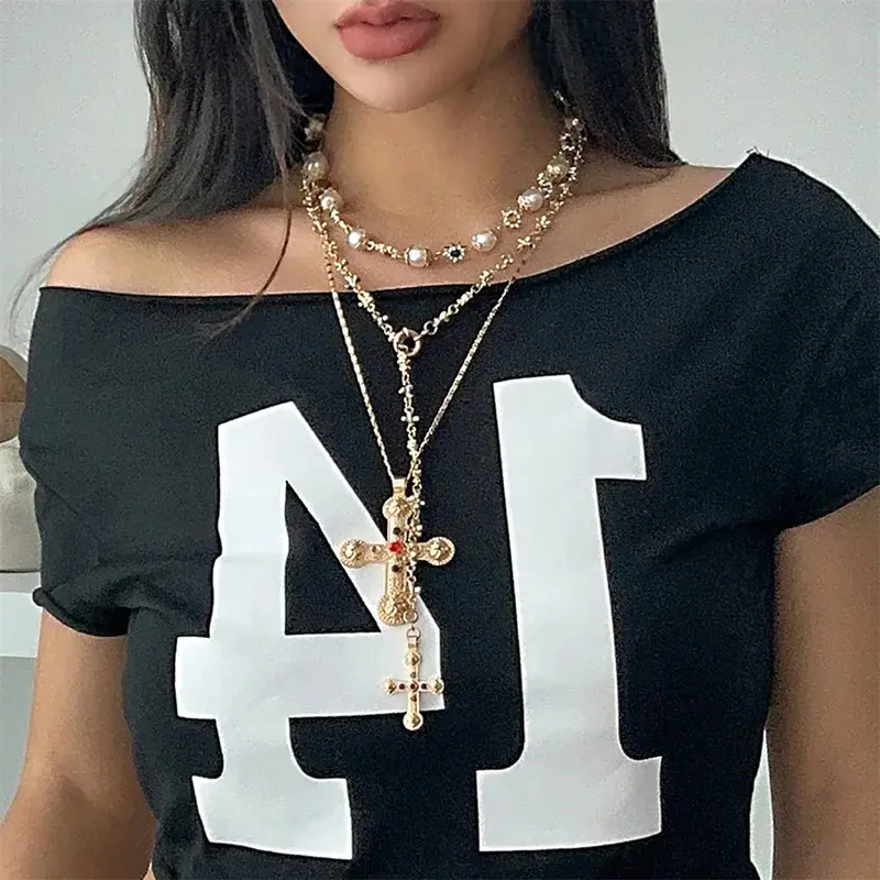Vòng Cổ Mặt Dây Chuyền Chữ Thập, Dành Cho Phụ Nữ, Thời Trang 2024, Vòng Cổ Choker Đính Cườm Hoa Ngọc Trai Giả, Trang Sức Bản To Phong Cách Y2K, Tuyệt Vời Làm Quà Tặng