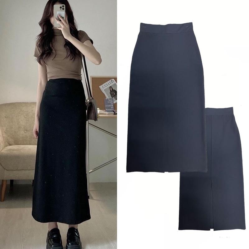 Chân váy chữ A dáng suông dài xẻ tà sau chân váy midi lưng cao chất vải mềm mịn Nữ Khuy
