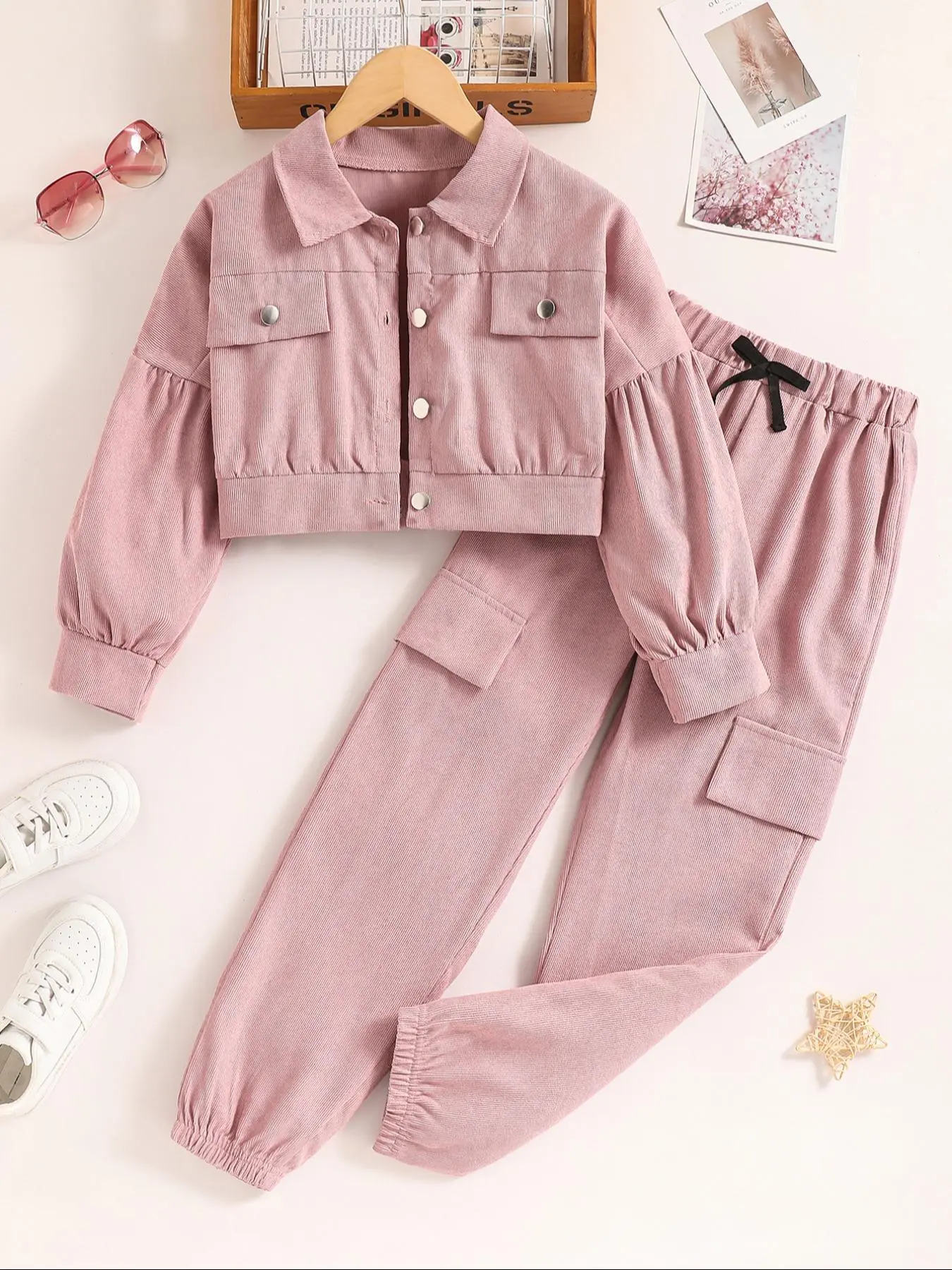 Girl's Solid Color Button Front Jacket & Elastic Waist Pants Two-piece Set, Casual Fashion Cozy Two Piece Outfits for Daily Outdoor Wear, Kids Clothing for Spring Fall