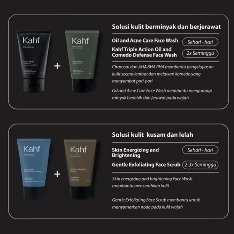 Kahf Face Wash Scrub Skincare Perawatan Wajah Pria dan Remaja untuk Kulit Berminyak Berjerawat Kusam dan Lelah Collection Acne Care, Triple Collection Oil, Skin Energizing & Brightening dan Gentle Exfoliating Scrub 2