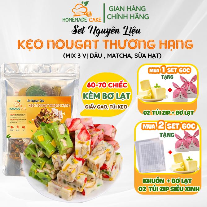 Set làm Kẹo Nougat 60-70 chiếc Thượng hạng- Nguyên liệu Kẹo Hạnh Phúc mix 3 vị Ít Ngọt, Siêu Hạt-Snack Ăn Vặt Candy