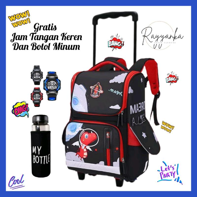 Tas Troli Backpack Dinoo Space Untuk Laki Laki PAUD TK SD Free Jam Tangan Dan Botol Minum Keren 0