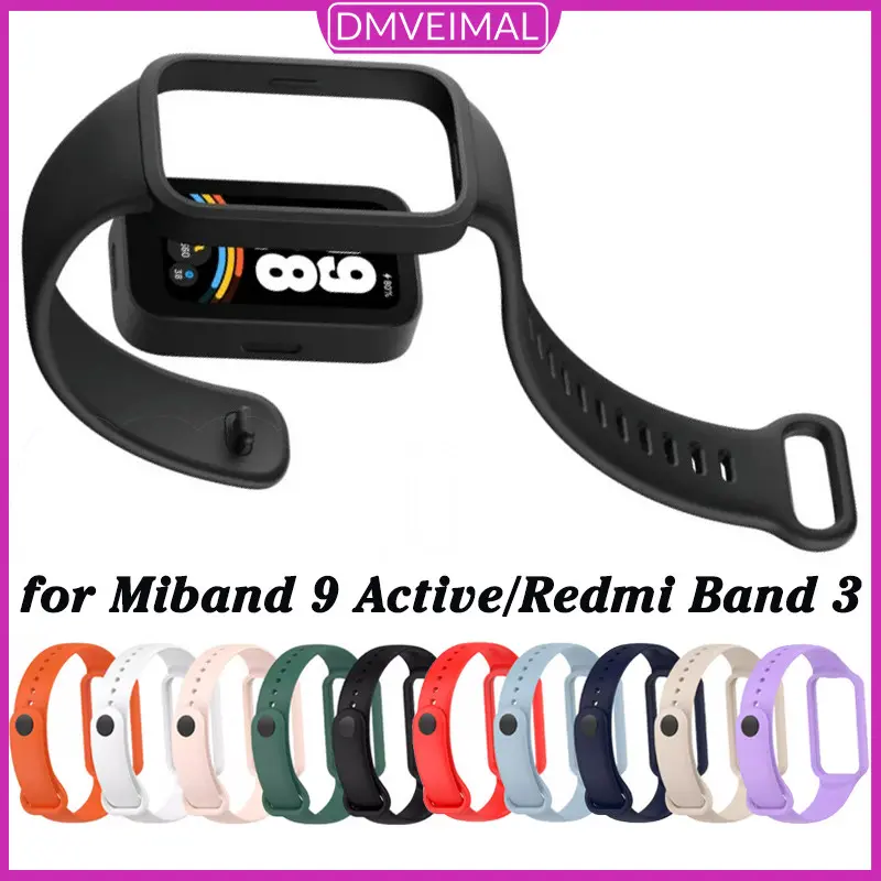 [Tali Jam] Rubber Case Strap for Xiaomi Smart Band 9 Active Sport Silicone Band Belt Bracelet Wristbands Accessories Anti Gores Screen Protector Bumper Cover Frame for  Smartwatch Redmi Band 3 / Miband 9 Active