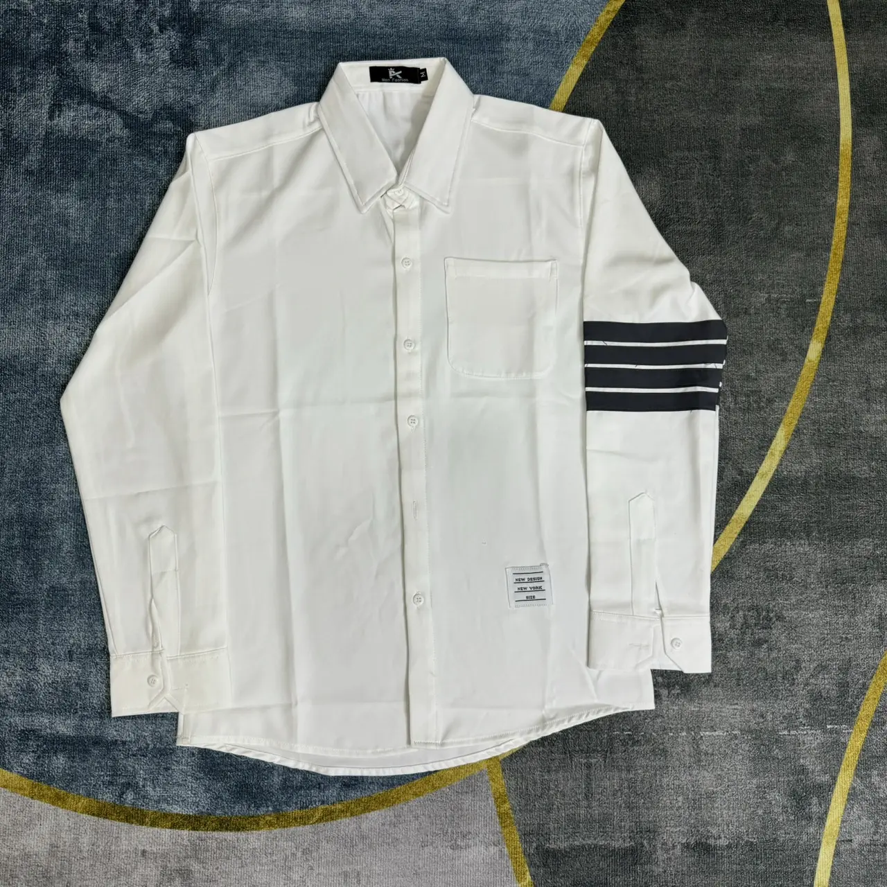 Áo sơ mi nam tay dài phối 4 sọc xám có túi kiểu vải lụa co dãn nhẹ Menswear Shirt