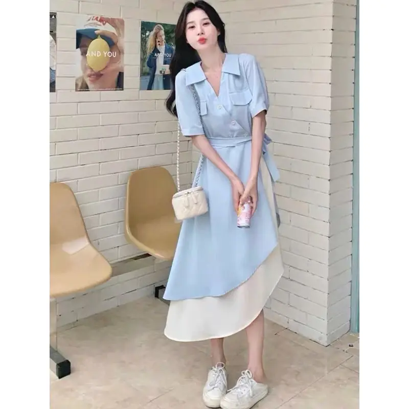 Đầm sơ mi xanh túi hộp phối trắng 2 màu, váy dạo phố 8