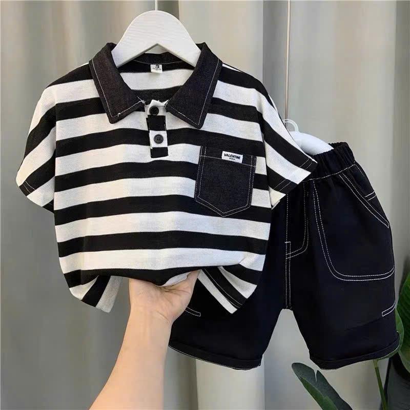  Set polo kẻ sọc phối quần Jean mềm cho bé trai Bộ quần áo mùa hè bé trai ----MÃ POLO SỌC ĐEN TRẮNG QUẦN JEAN 