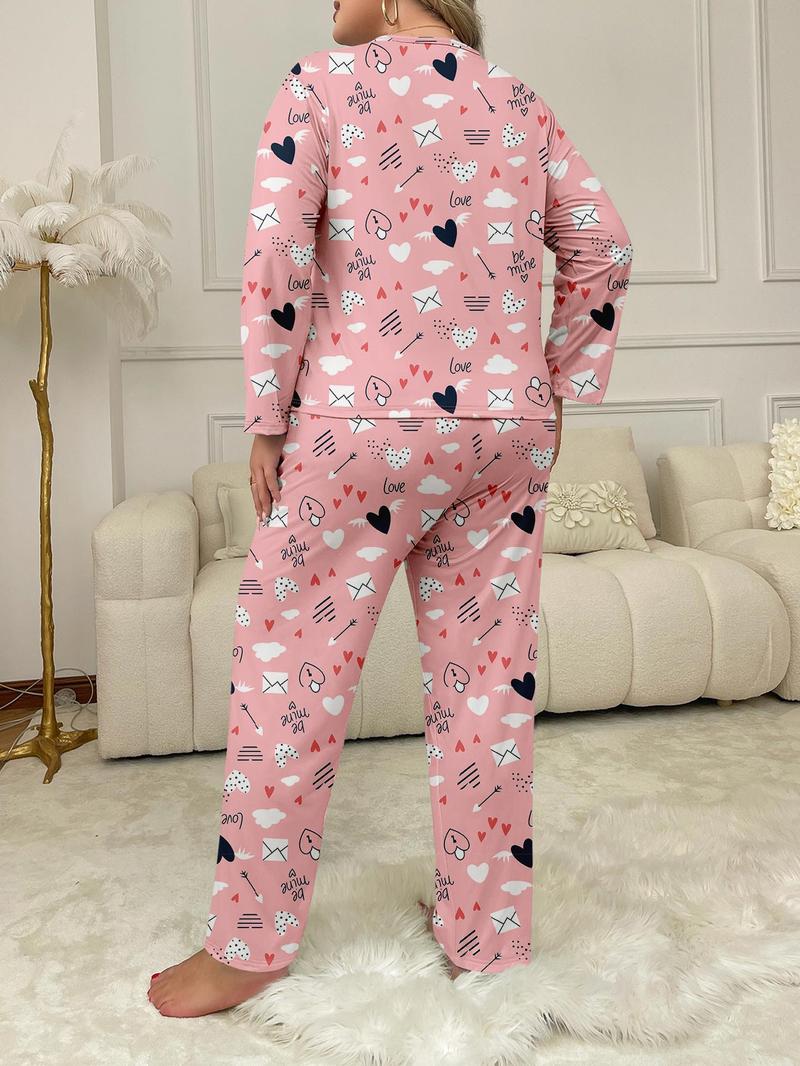 Product Introduction of Plus Size Heart & Envelope Print Long Sleeve Tee & Pants Pyjama Two-piece Set, Casual Comfy Round Neck Top & Trousers PJ Set, Women's Sleepwear for Fall & Winter 4