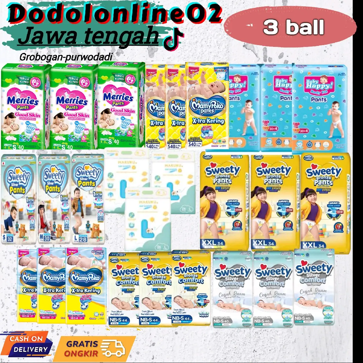 Popok 3 ball JAWA TENGAH | Makuku | Mamypoko | merries  | sweety | baby happy Bayi