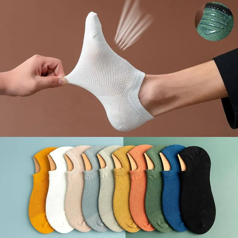 Tất Nam Mỏng, Màu Trơn Chất Liệu Lưới, Cắt Nông Vô Hình Có Silicon Chống Trượt Và Khử Mùi, Làm Bằng Bông, Kiểu Thuyền, 1 Đôi Sọc