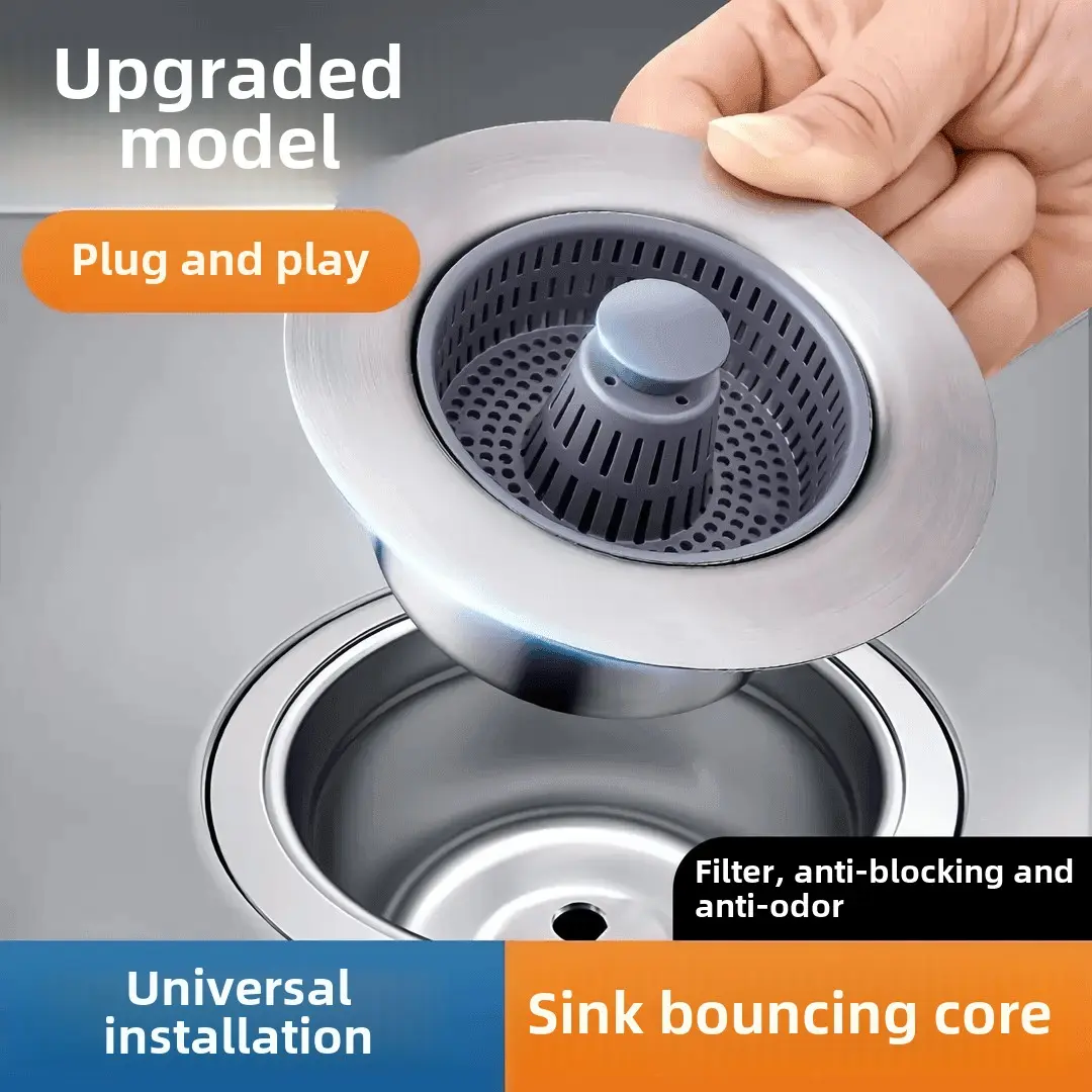 Kitchen Sink Probe Bouncing Core Washbasin Strainer Anti Odour Anti Clogging Clogged Drain, Kitchen Sink Bouncing Core Drain Strainer and Stopper, Sink Stopper with Extra Sink Strainer Basket